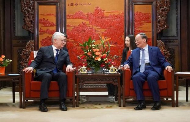 Chinese Vice President Wang Qishan meets with Kazakh Foreign Minister Beibut Atamkulov at Zhongnanhai on March 29, 2019 in Beijing