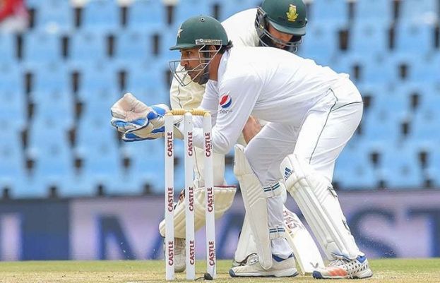 Sarfraz Ahmed fields at the stumps during day three of the first Test match between South Africa and Pakistan.